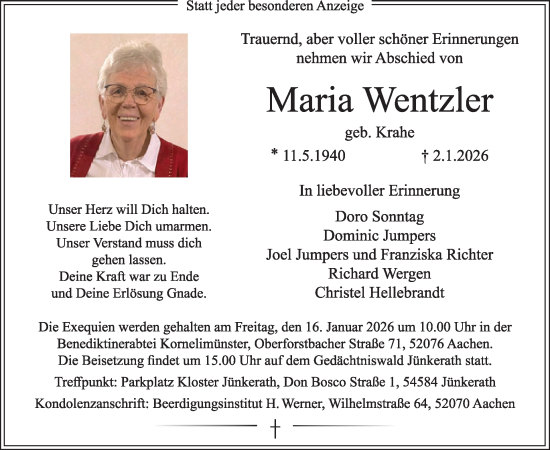 Traueranzeige von Maria Wentzler von WochenSpiegel