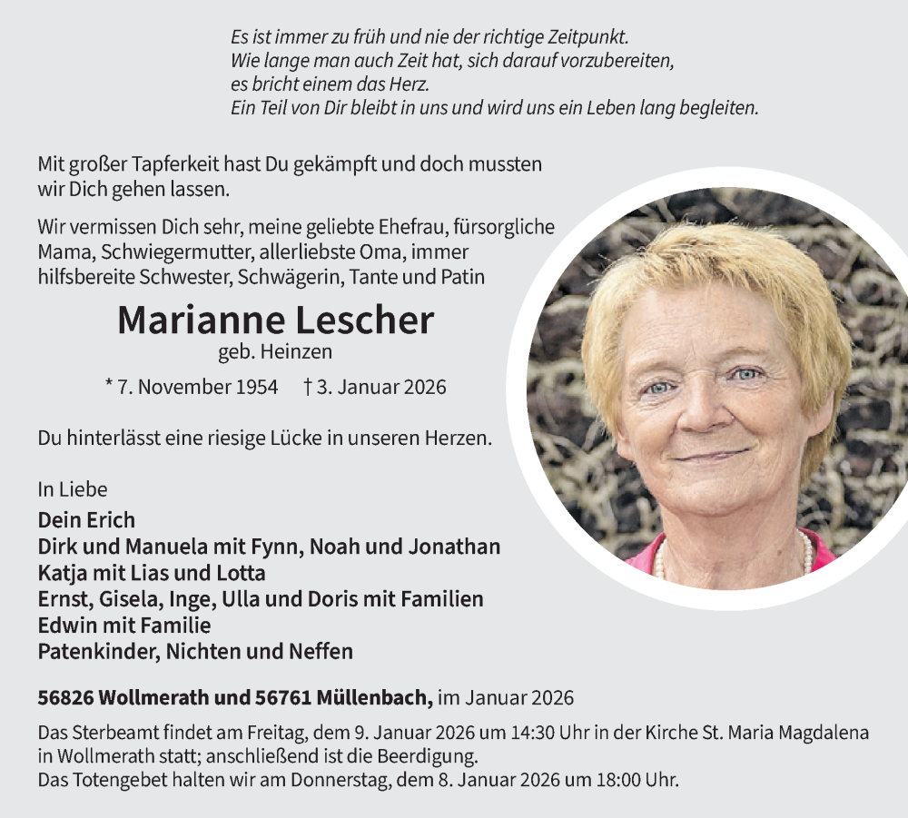  Traueranzeige für Marianne Lescher vom 07.01.2026 aus WochenSpiegel