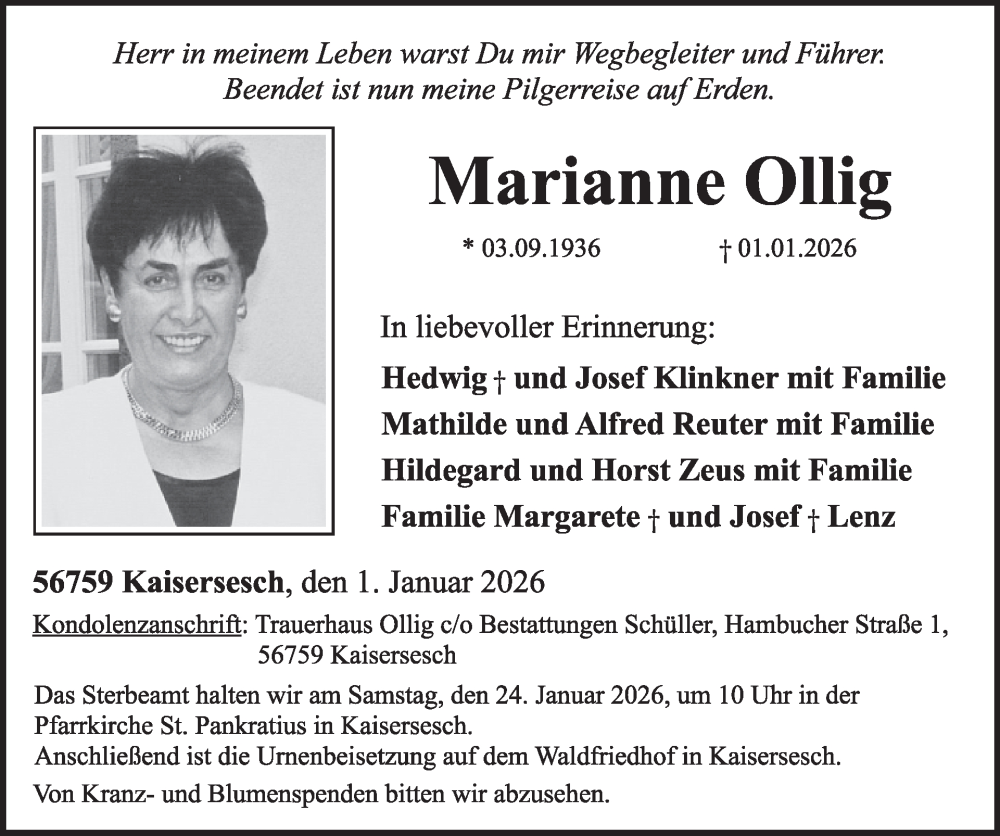  Traueranzeige für Marianne Ollig vom 07.01.2026 aus WochenSpiegel