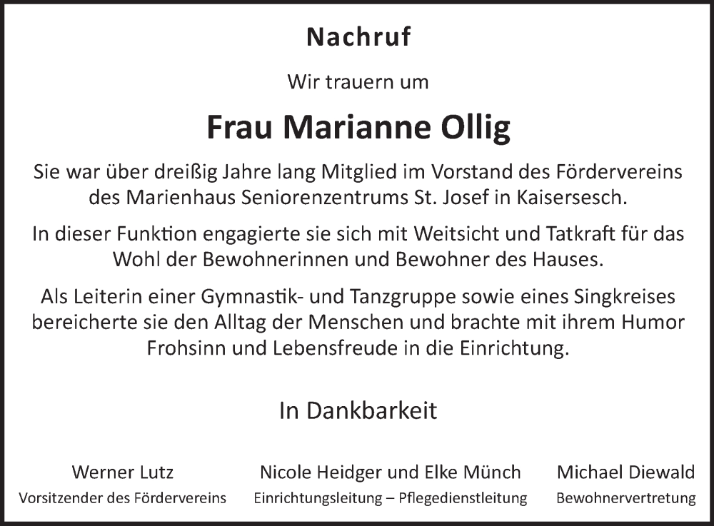  Traueranzeige für Marianne Ollig vom 28.01.2026 aus WochenSpiegel
