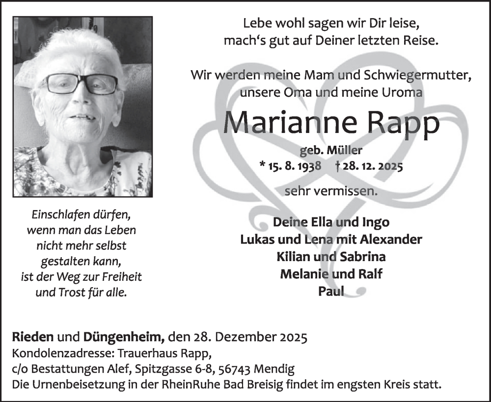  Traueranzeige für Marianne Rapp vom 07.01.2026 aus WochenSpiegel