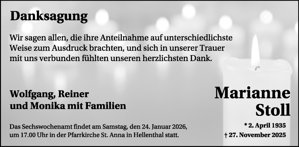  Traueranzeige für Marianne Stoll vom 21.01.2026 aus WochenSpiegel