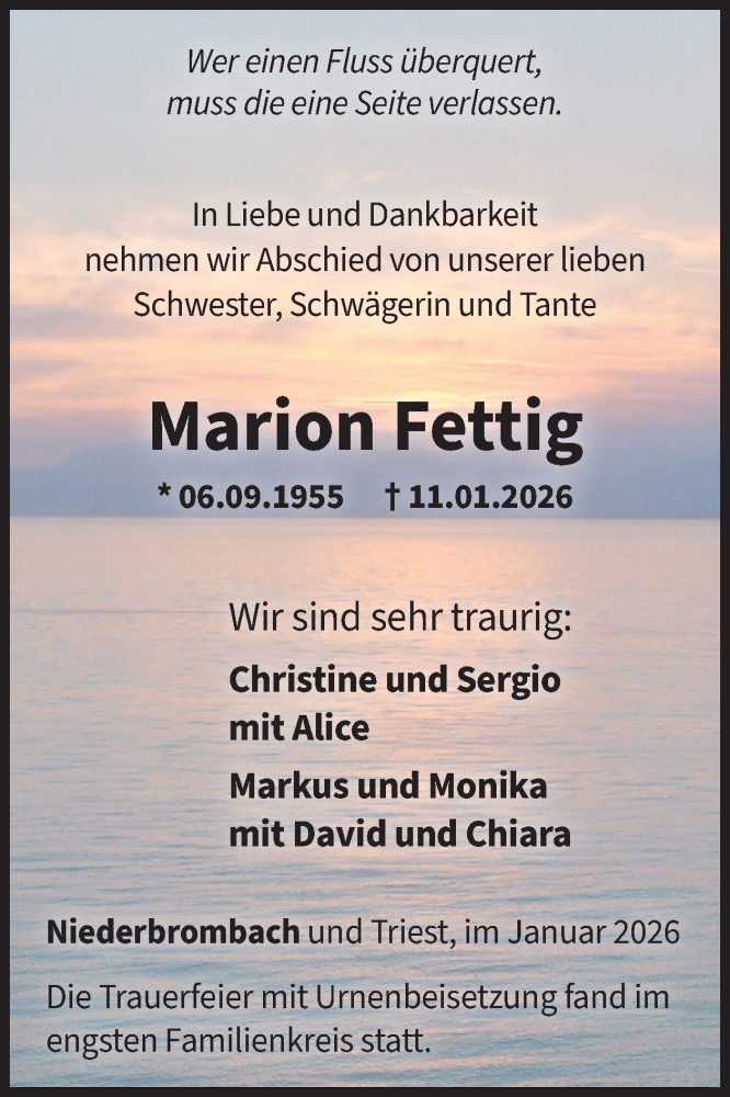  Traueranzeige für Marion Fettig vom 31.01.2026 aus WochenSpiegel