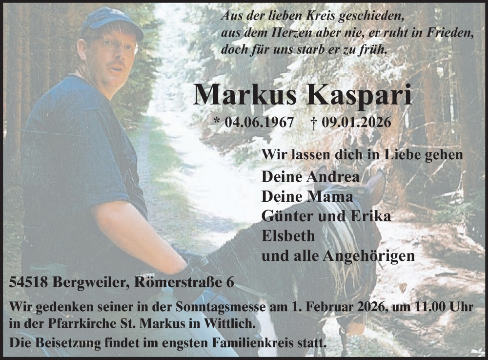  Traueranzeige für Markus Kaspari vom 23.01.2026 aus WochenSpiegel