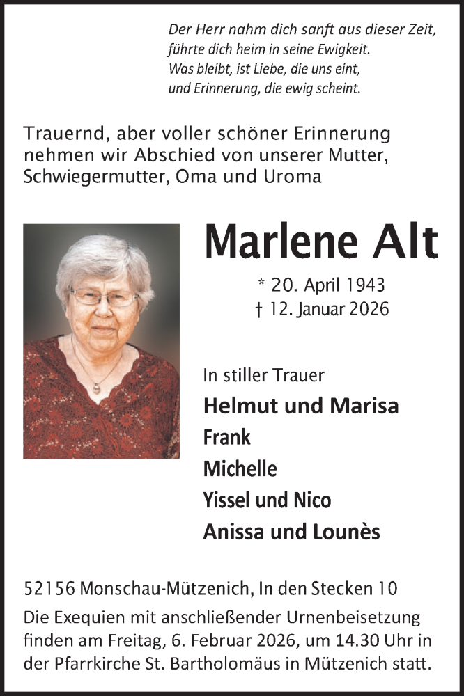  Traueranzeige für Marlene Alt vom 21.01.2026 aus WochenSpiegel