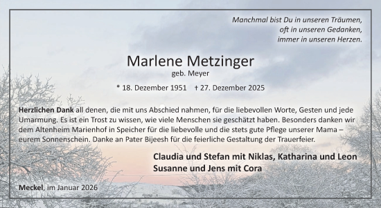 Traueranzeige von Marlene Metzinger von WochenSpiegel