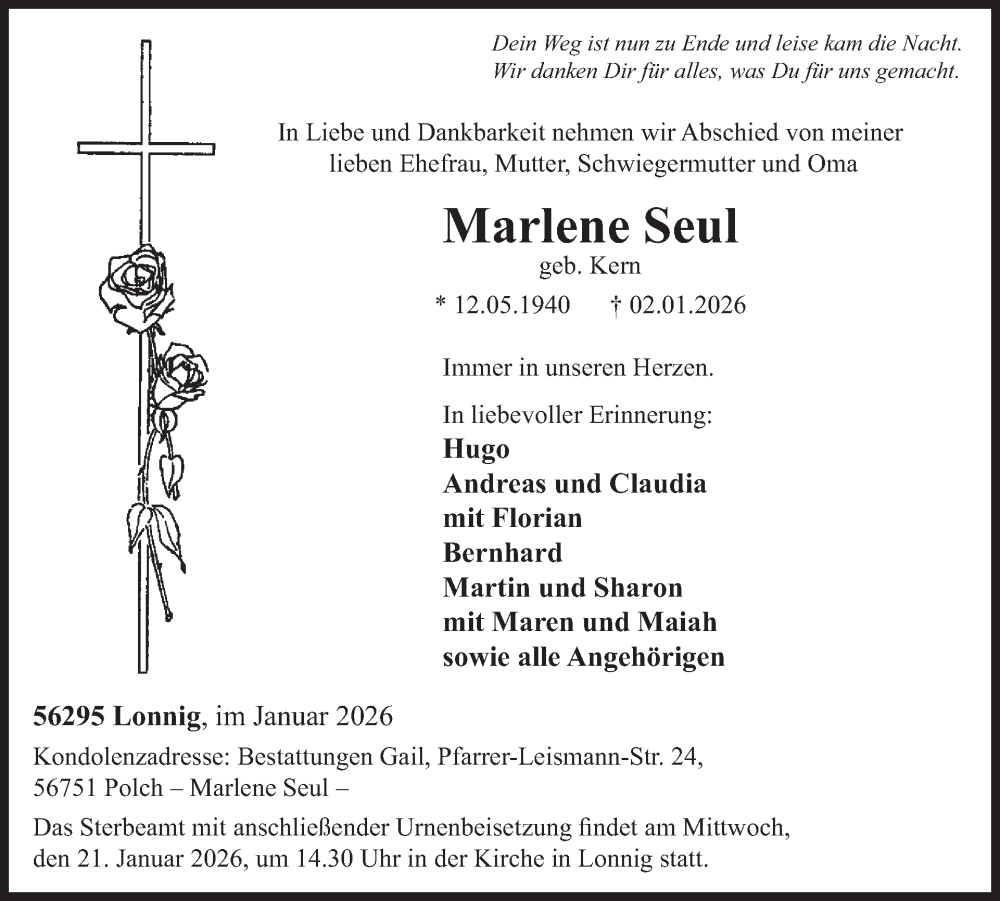  Traueranzeige für Marlene Seul vom 14.01.2026 aus WochenSpiegel