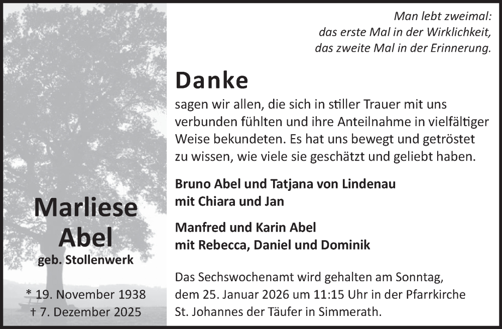  Traueranzeige für Marliese Abel vom 14.01.2026 aus WochenSpiegel