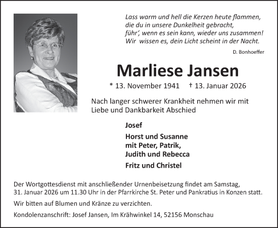 Traueranzeige von Marliese Jansen von WochenSpiegel