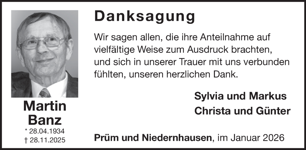  Traueranzeige für Martin Banz vom 16.01.2026 aus WochenSpiegel