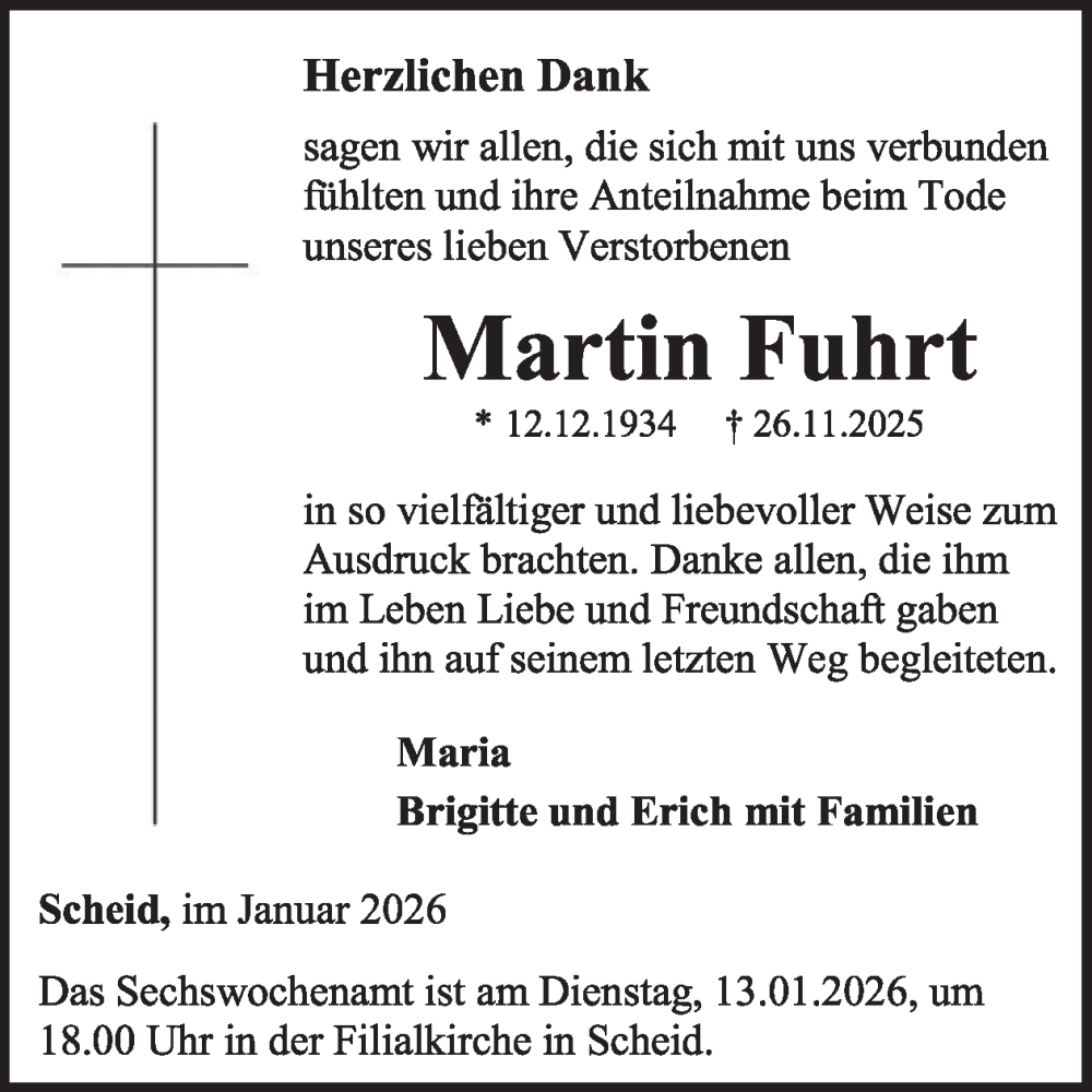  Traueranzeige für Martin Fuhrt vom 10.01.2026 aus WochenSpiegel