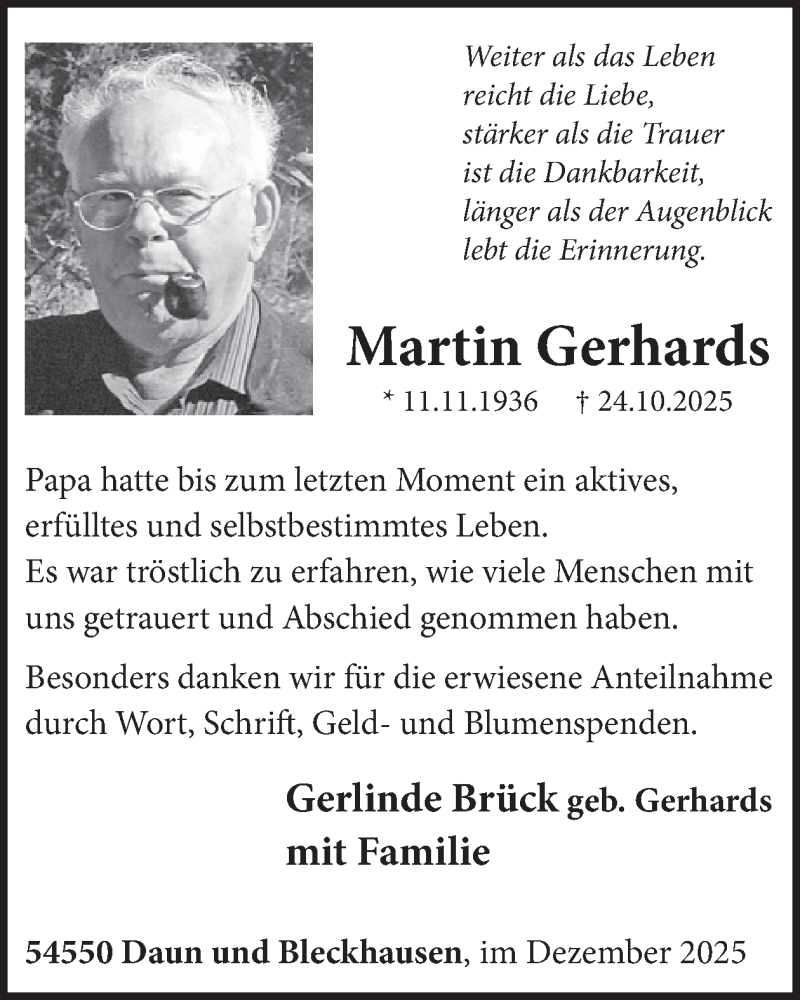  Traueranzeige für Martin Gerhards vom 17.01.2026 aus WochenSpiegel