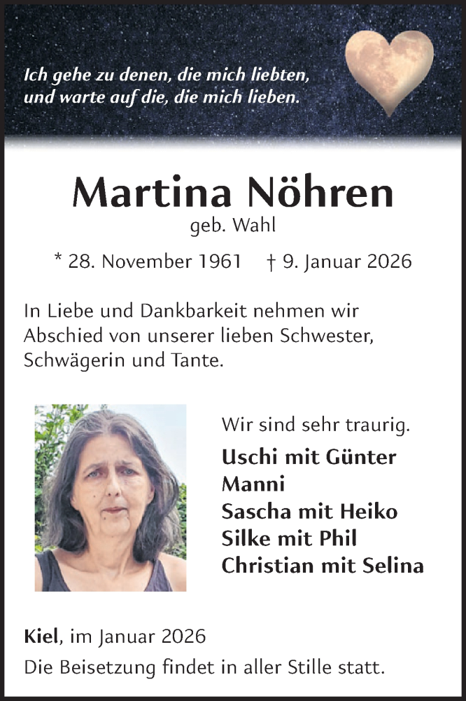  Traueranzeige für Martina Nöhren vom 17.01.2026 aus WochenSpiegel