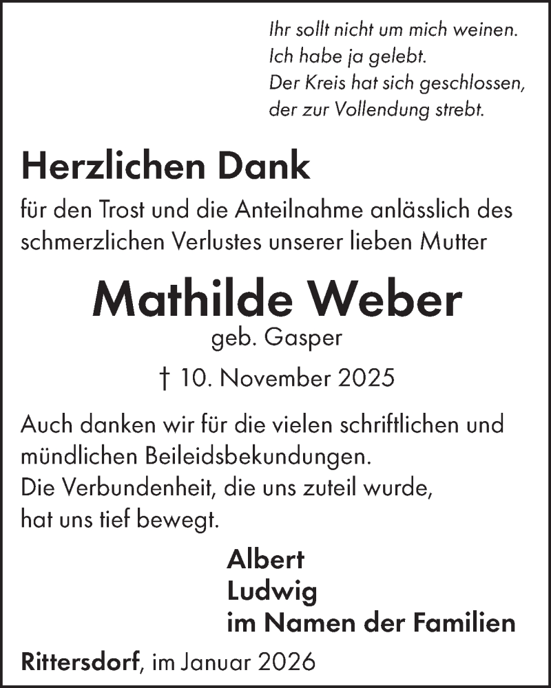  Traueranzeige für Mathilde Weber vom 02.01.2026 aus WochenSpiegel