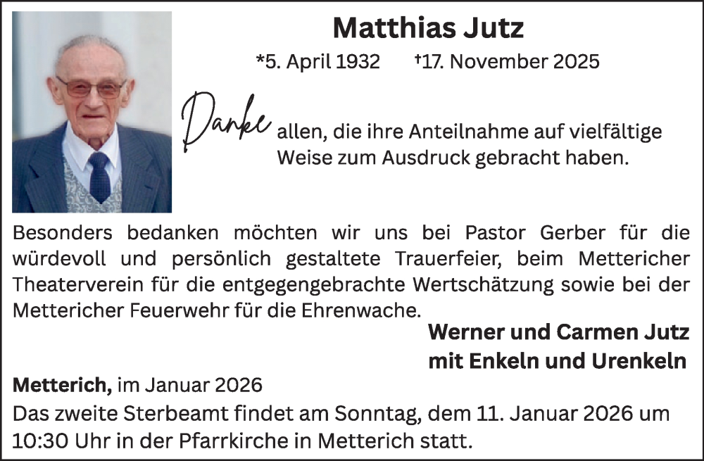  Traueranzeige für Matthias Jutz vom 09.01.2026 aus WochenSpiegel