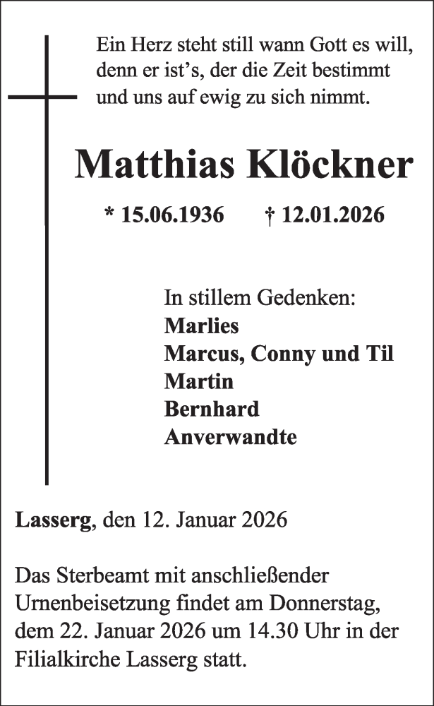  Traueranzeige für Matthias Klöckner vom 21.01.2026 aus WochenSpiegel