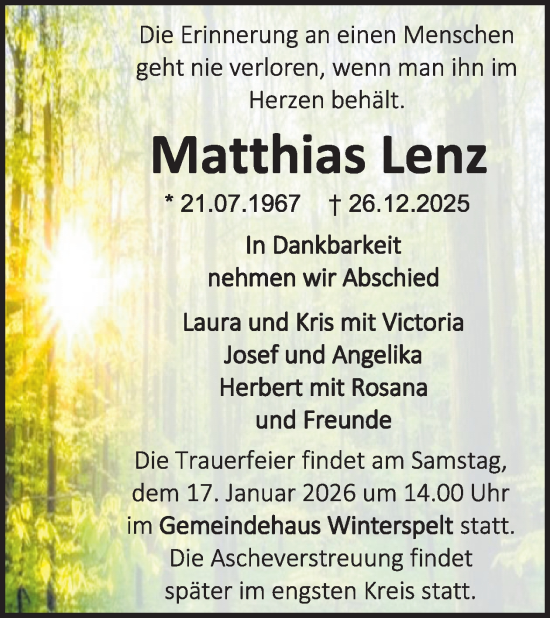 Traueranzeige von Matthias Lenz von WochenSpiegel