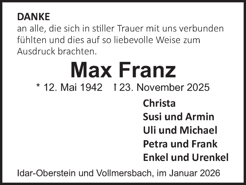  Traueranzeige für Max Franz vom 10.01.2026 aus WochenSpiegel