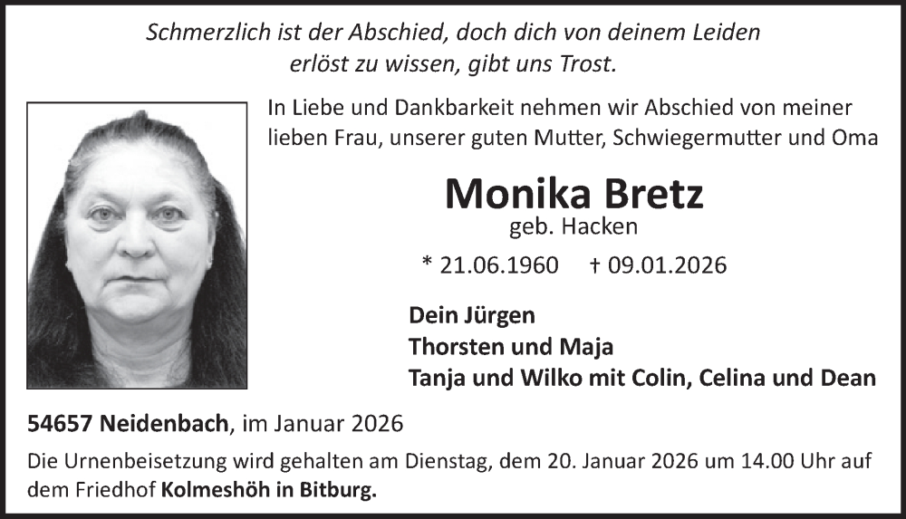 Traueranzeige für Monika Bretz vom 16.01.2026 aus WochenSpiegel