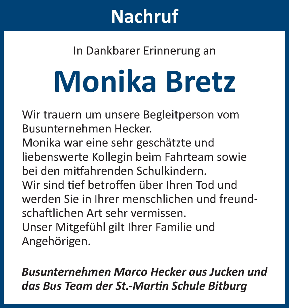  Traueranzeige für Monika Bretz vom 16.01.2026 aus WochenSpiegel