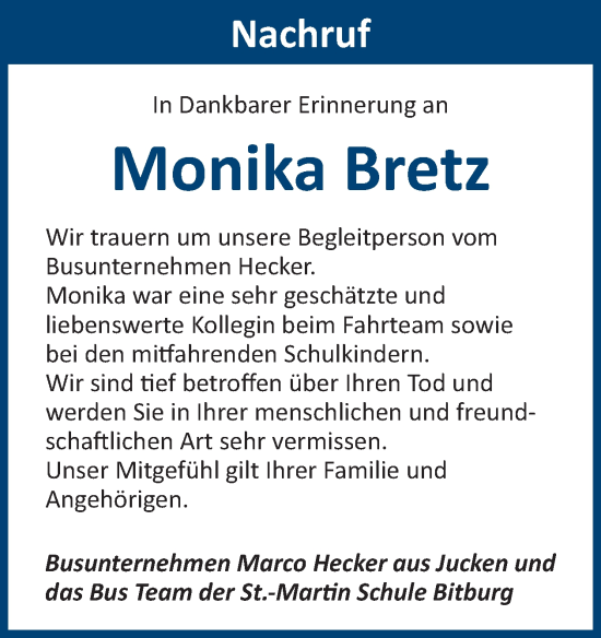 Traueranzeige von Monika Bretz von WochenSpiegel