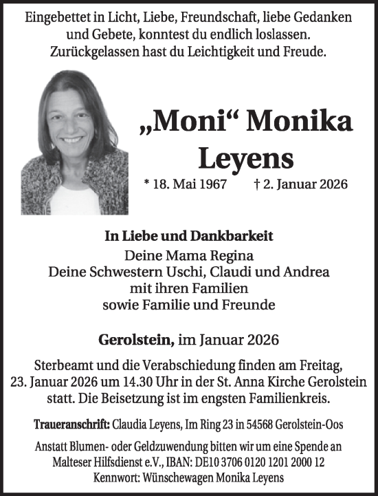 Traueranzeige von Monika Leyens von WochenSpiegel