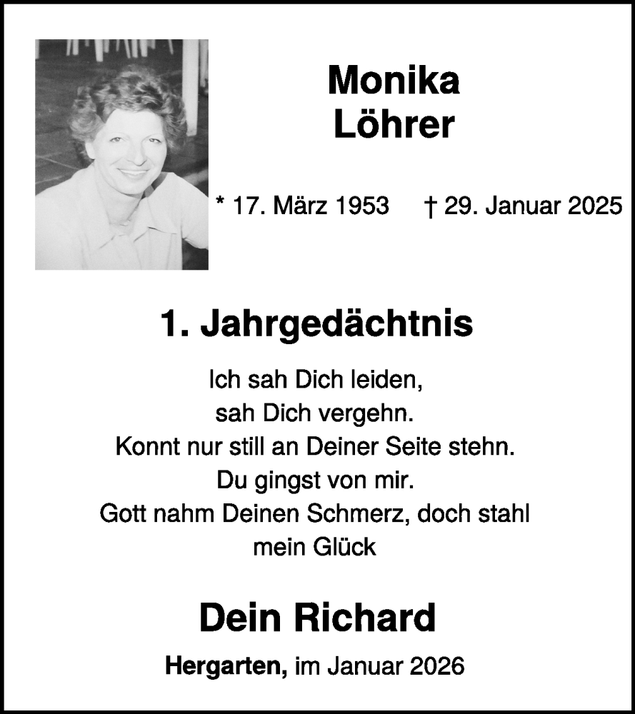  Traueranzeige für Monika Löhrer vom 28.01.2026 aus WochenSpiegel