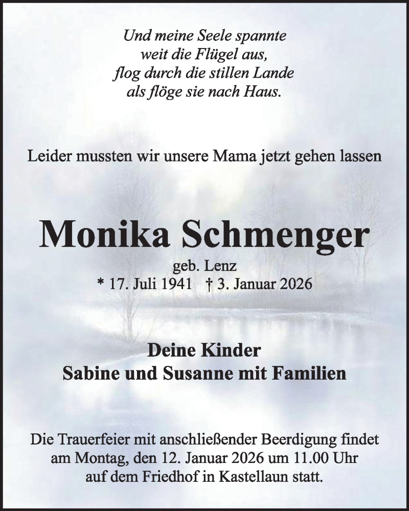  Traueranzeige für Monika Schmenger vom 10.01.2026 aus WochenSpiegel