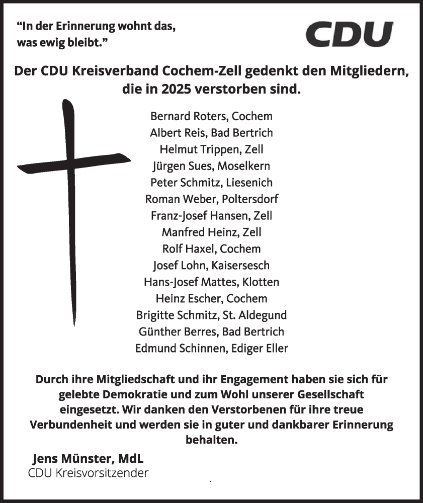  Traueranzeige für Nachruf CDU Kreisverband Cochen-Zell vom 28.01.2026 aus WochenSpiegel