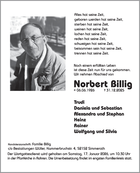 Traueranzeige von Norbert Billig von WochenSpiegel