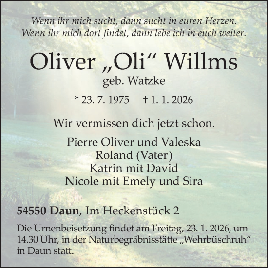 Traueranzeige von Oliver Willms von WochenSpiegel