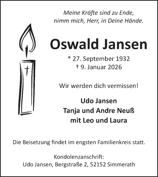 Traueranzeige von Oswald Jansen von WochenSpiegel