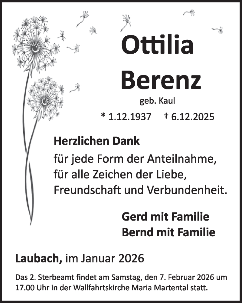  Traueranzeige für Ottilia Berenz vom 21.01.2026 aus WochenSpiegel
