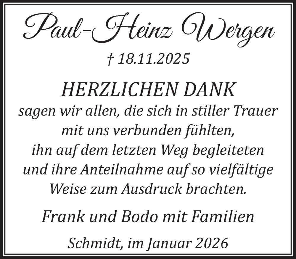  Traueranzeige für Paul-Heinz Wergen vom 14.01.2026 aus WochenSpiegel