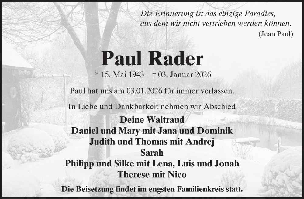  Traueranzeige für Paul Rader vom 07.01.2026 aus WochenSpiegel
