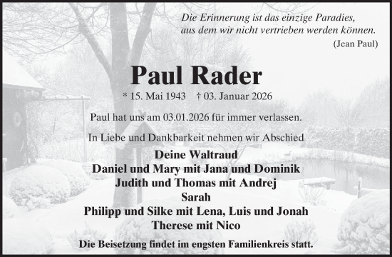 Traueranzeige von Paul Rader von WochenSpiegel