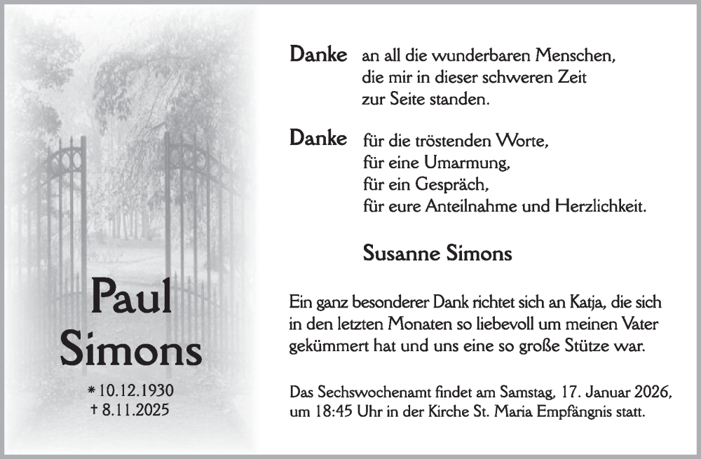  Traueranzeige für Paul Simons vom 14.01.2026 aus WochenSpiegel