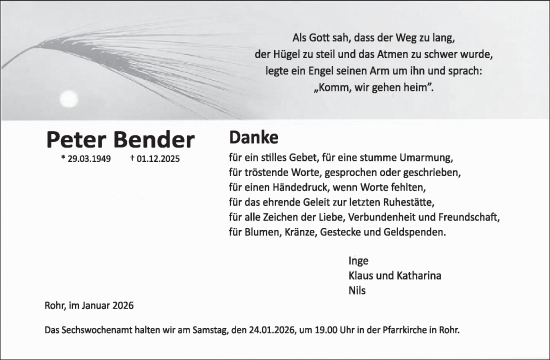 Traueranzeige von Peter Bender von WochenSpiegel