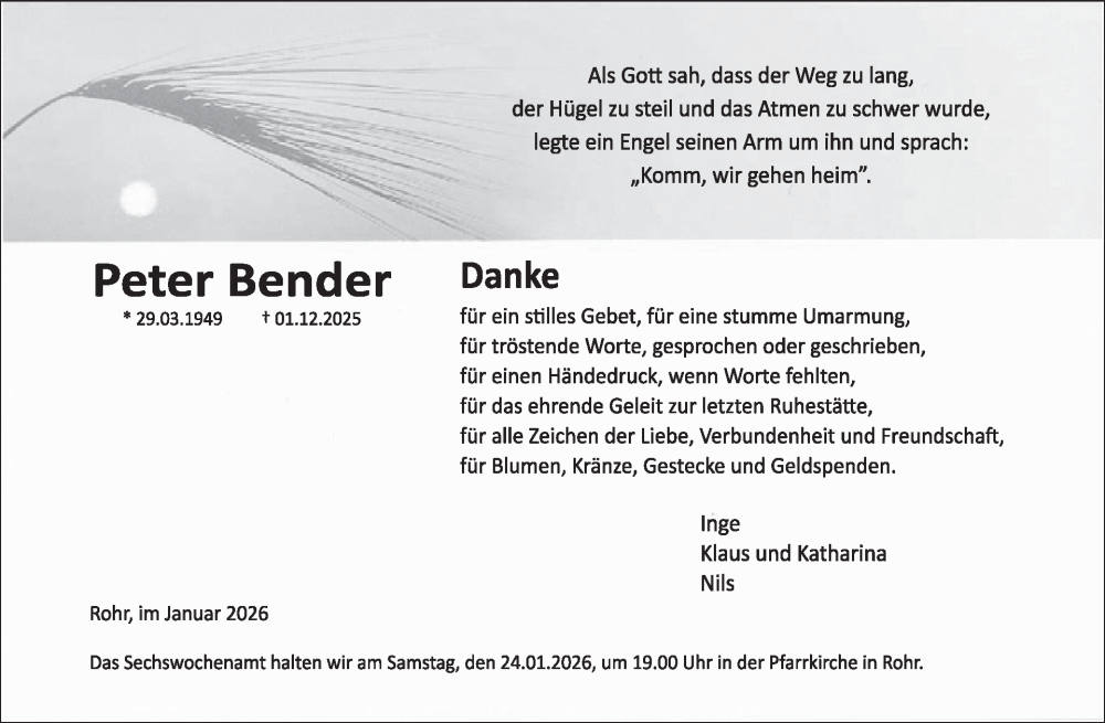  Traueranzeige für Peter Bender vom 21.01.2026 aus WochenSpiegel