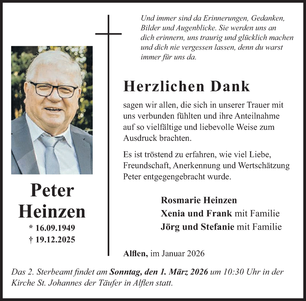  Traueranzeige für Peter Heinzen vom 28.01.2026 aus WochenSpiegel