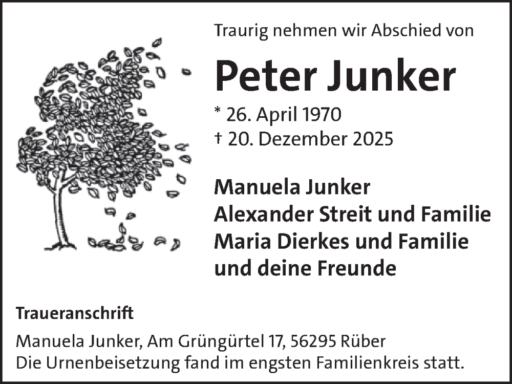  Traueranzeige für Peter Junker vom 14.01.2026 aus WochenSpiegel