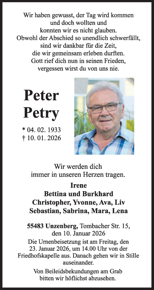 Traueranzeige von Peter Petry von WochenSpiegel