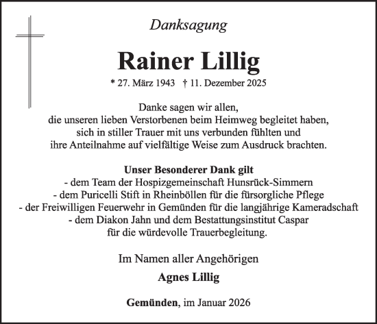 Traueranzeige von Rainer Lillig von WochenSpiegel