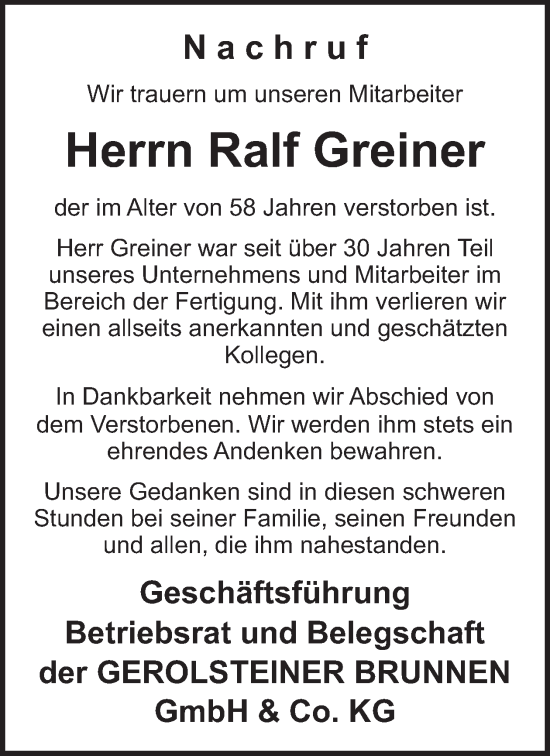 Traueranzeige von Ralf Greiner von WochenSpiegel