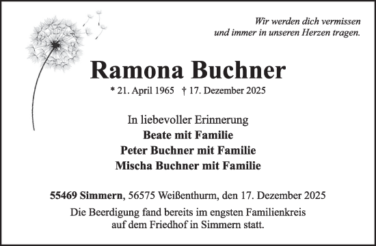 Traueranzeige von Ramona Buchner von WochenSpiegel