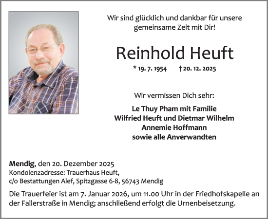 Traueranzeige von Reinhold Heuft von WochenSpiegel