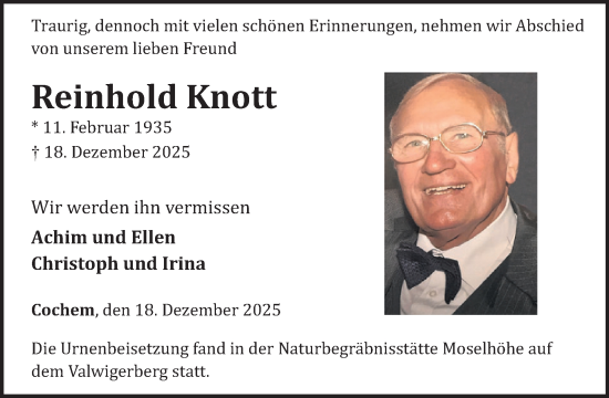 Traueranzeige von Reinhold Knott von WochenSpiegel