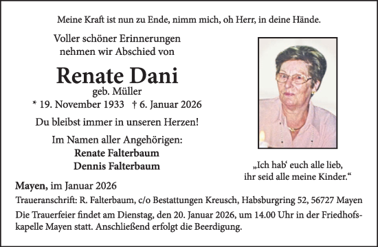 Traueranzeige von Renate Dani von WochenSpiegel