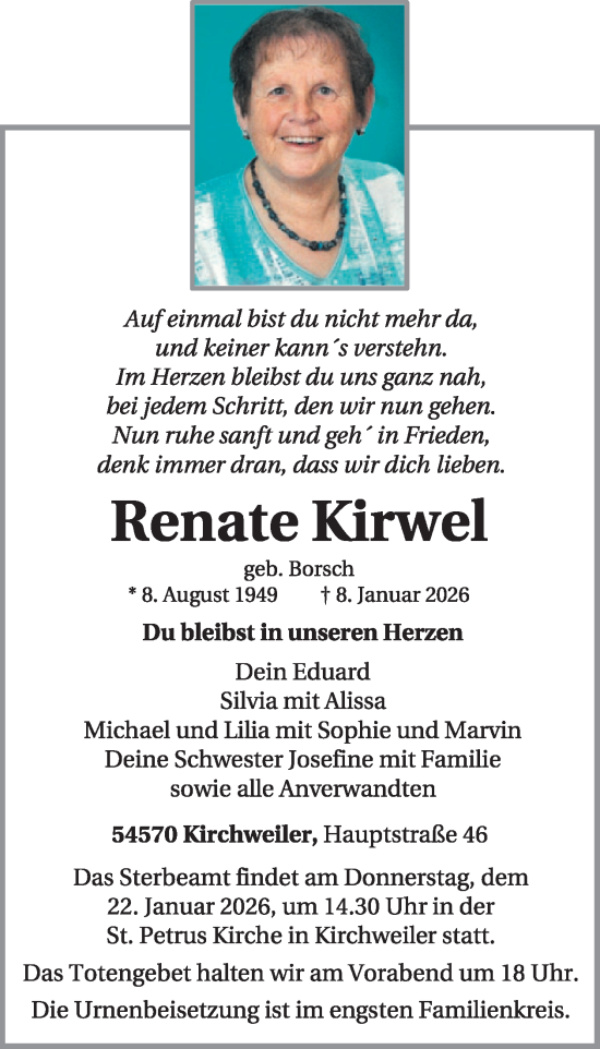 Traueranzeige von Renate Kirwel von WochenSpiegel