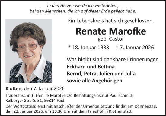 Traueranzeige von Renate Marofke von WochenSpiegel